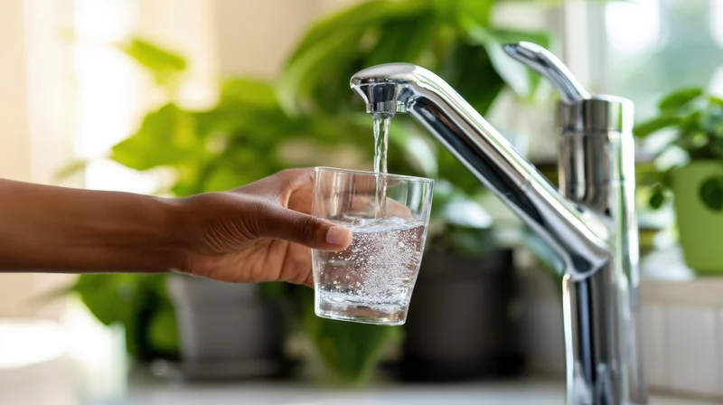 Hand holding a glass under a running kitchen faucet filling it with water