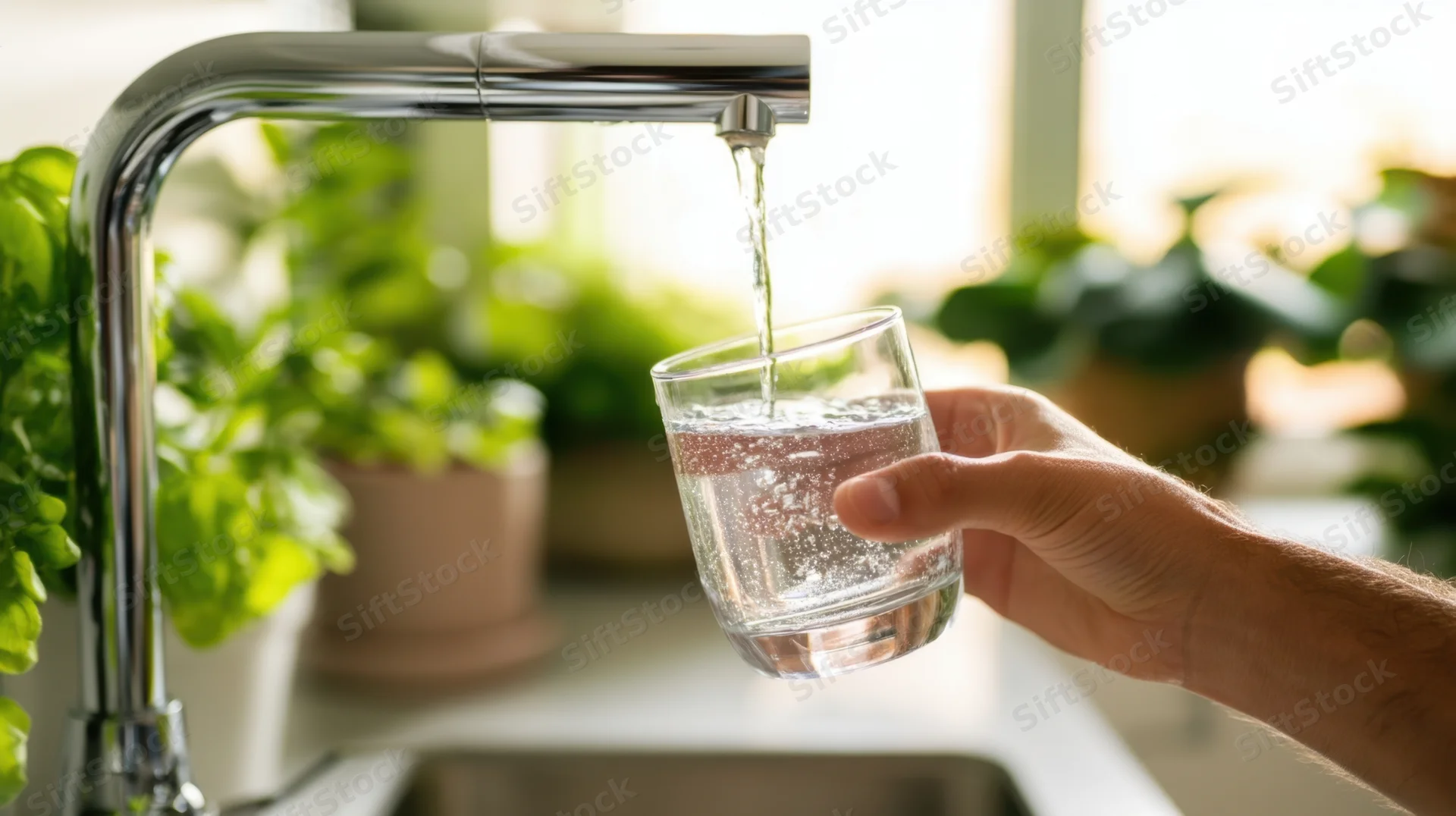 Hand holding a glass under a running kitchen tap filling it with water