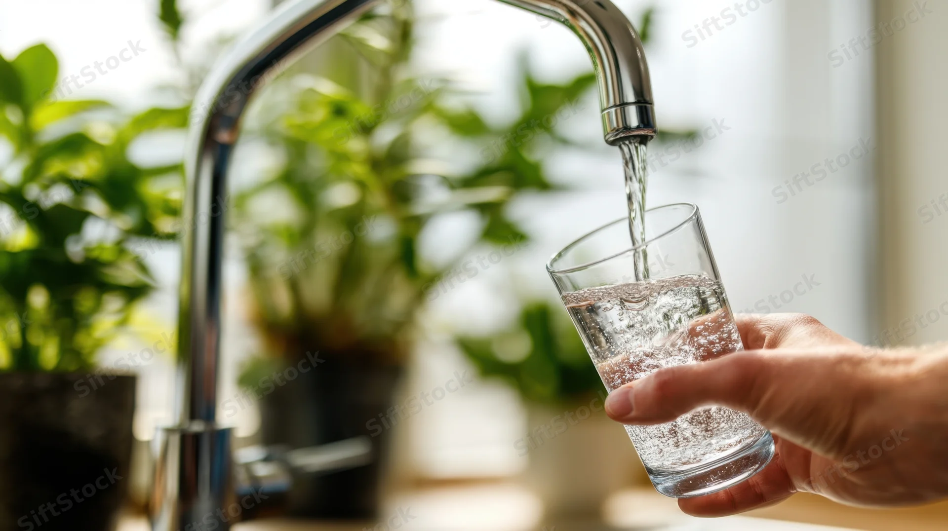 Hand holding a glass under a running kitchen faucet filling it with water