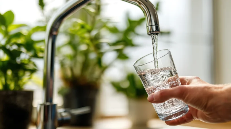Hand holding a glass under a running kitchen faucet filling it with water