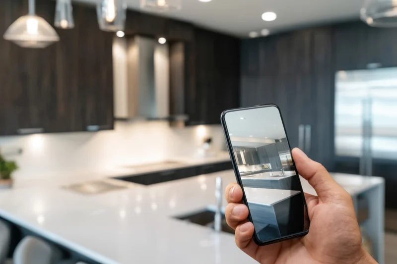 Hand holding smartphone displaying kitchen interior in modern home
