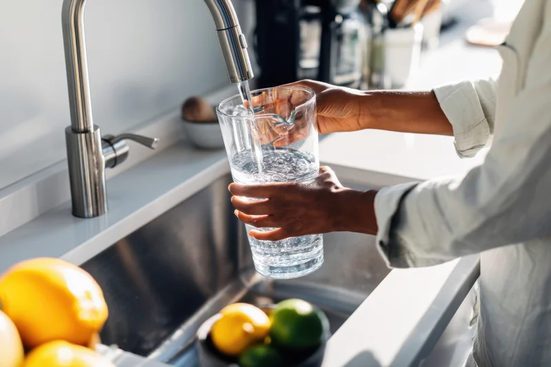 Man pouring water from a faucet into a glass in a modern kitchen sink