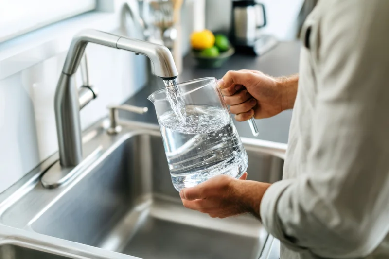 Man pouring water from faucet into glass pitcher in modern kitchen sink