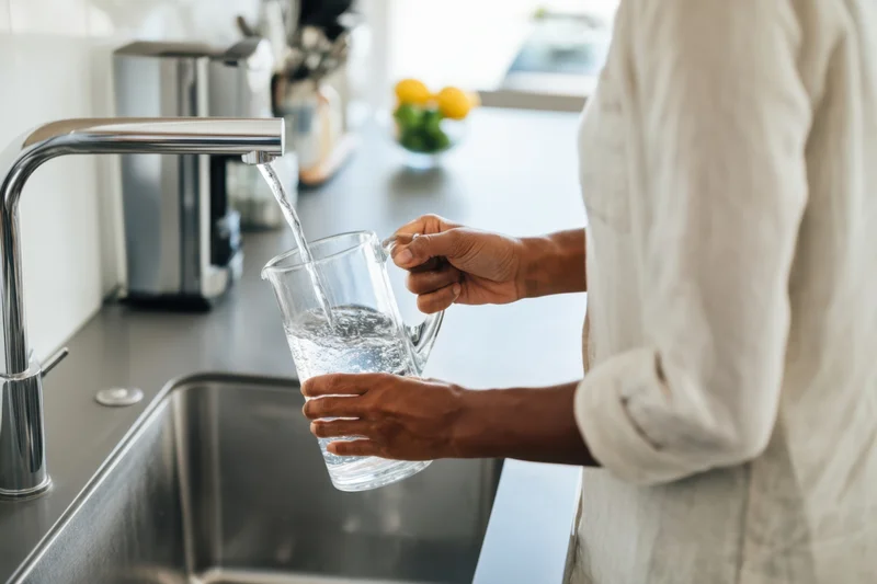 Person pouring water from a kitchen faucet into a glass pitcher at the sink