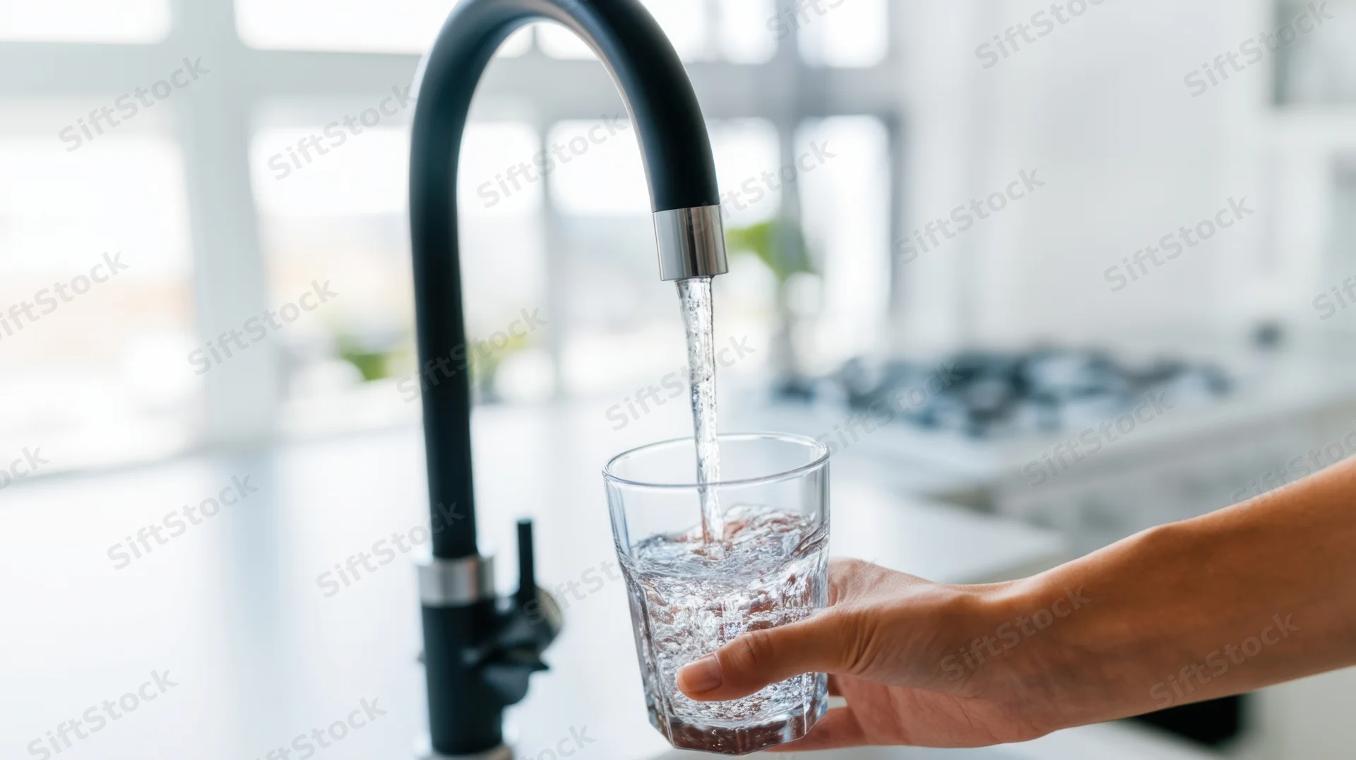 Hand holding a glass under a modern kitchen faucet filling it with water