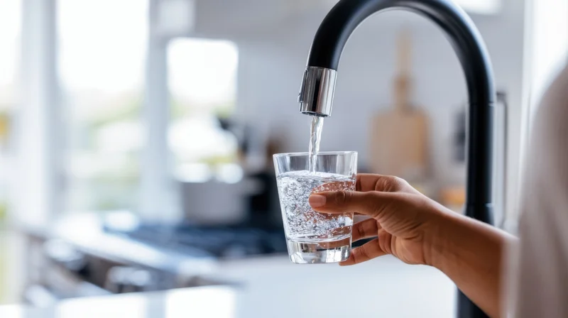 Hand holding a glass under a modern kitchen faucet filling it with water
