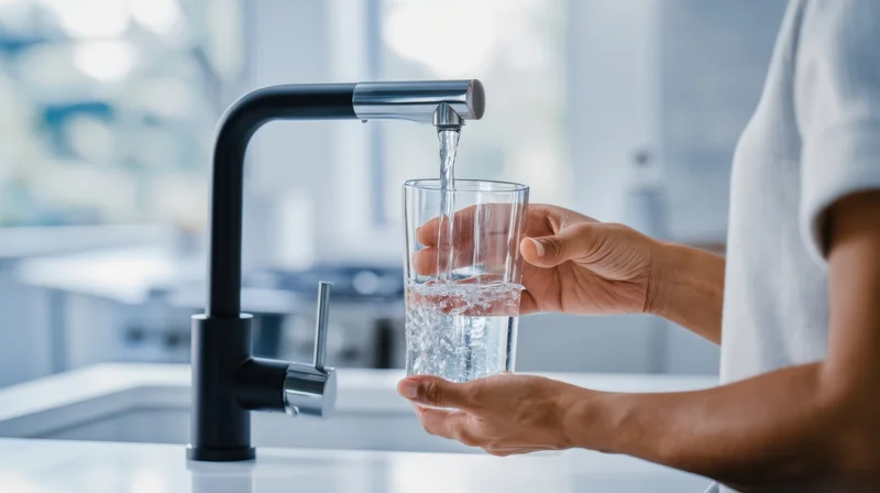 Woman filling a glass with water from a modern kitchen faucet