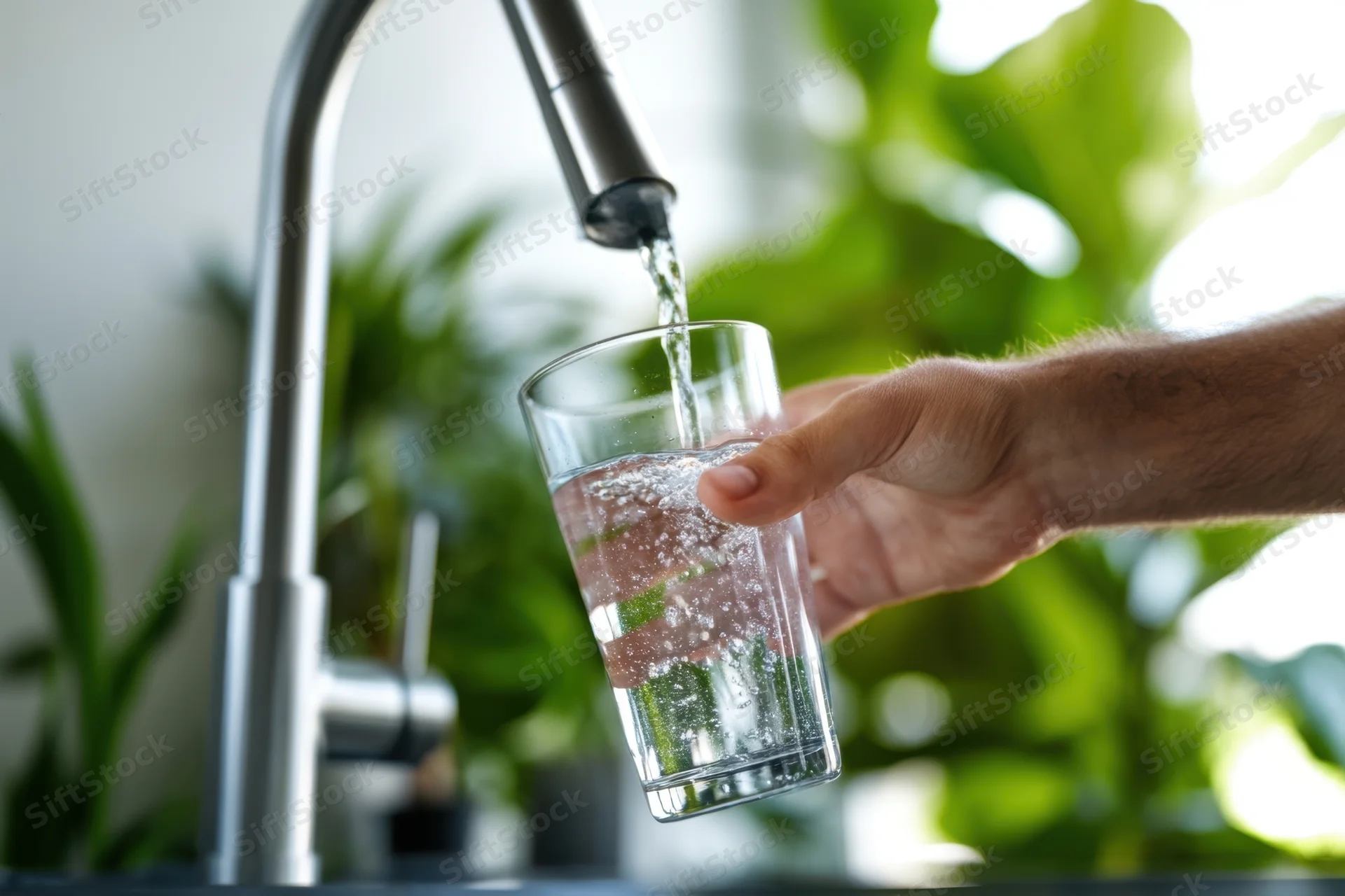 Hand filling a glass with water from a modern kitchen faucet