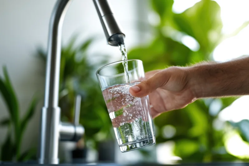 Hand filling a glass with water from a modern kitchen faucet