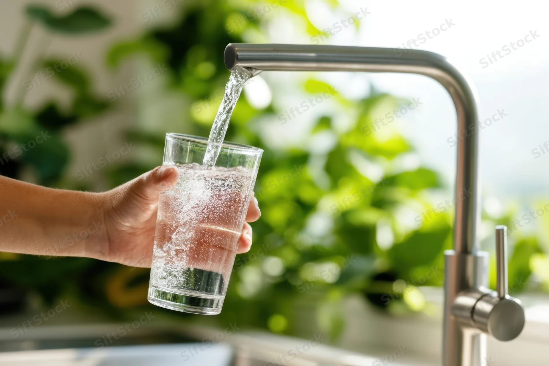 Hand holding a glass under a modern kitchen faucet filling it with water