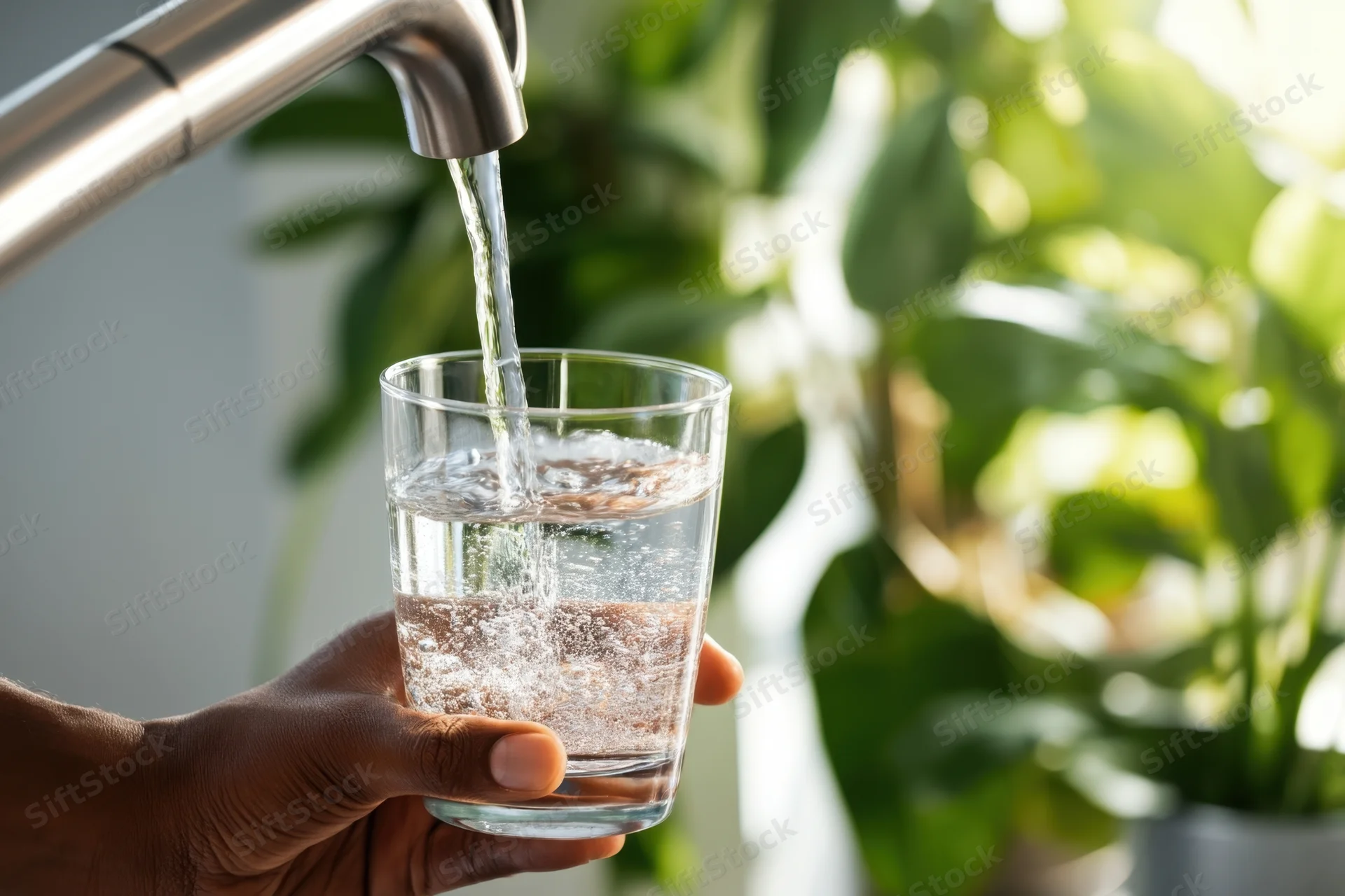 Hand holding a glass under a running tap filling it with water in a bright kitchen with green plants in the background