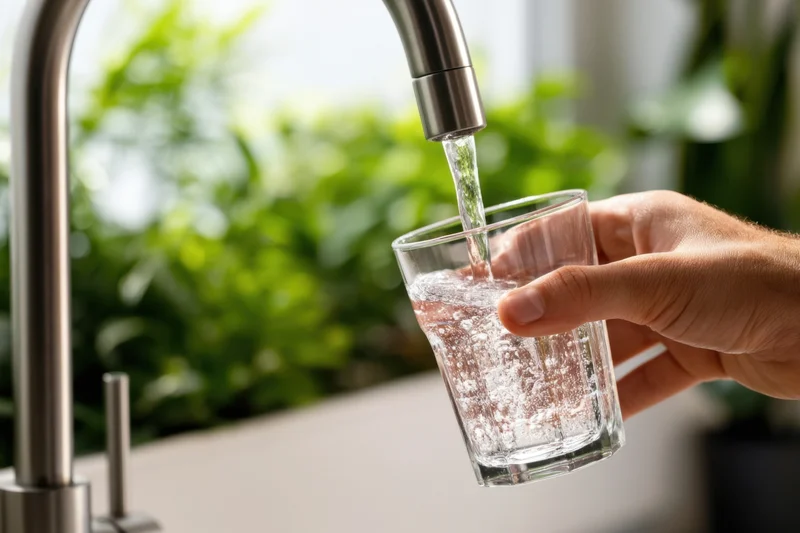 Hand holding a glass under a running kitchen tap filling it with water