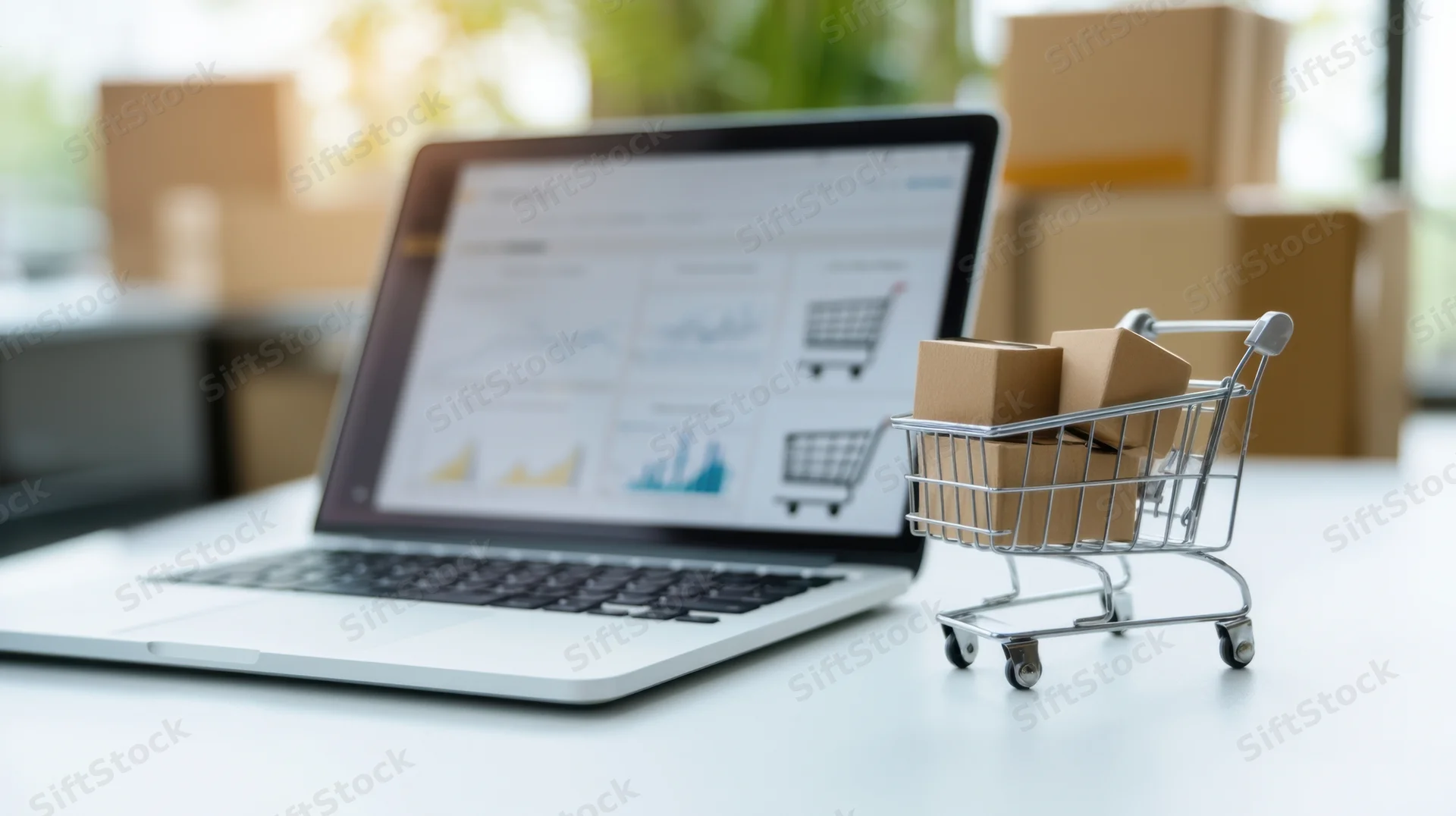 Laptop displaying e-commerce analytics with miniature shopping cart and boxes on desk