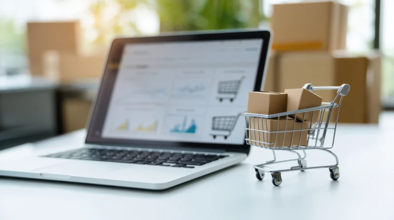 Laptop displaying e-commerce analytics with miniature shopping cart and boxes on desk