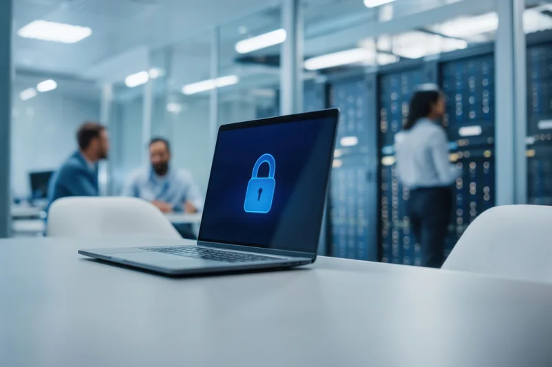 Laptop with blue lock icon on screen in modern datacenter office with IT team and server racks in background