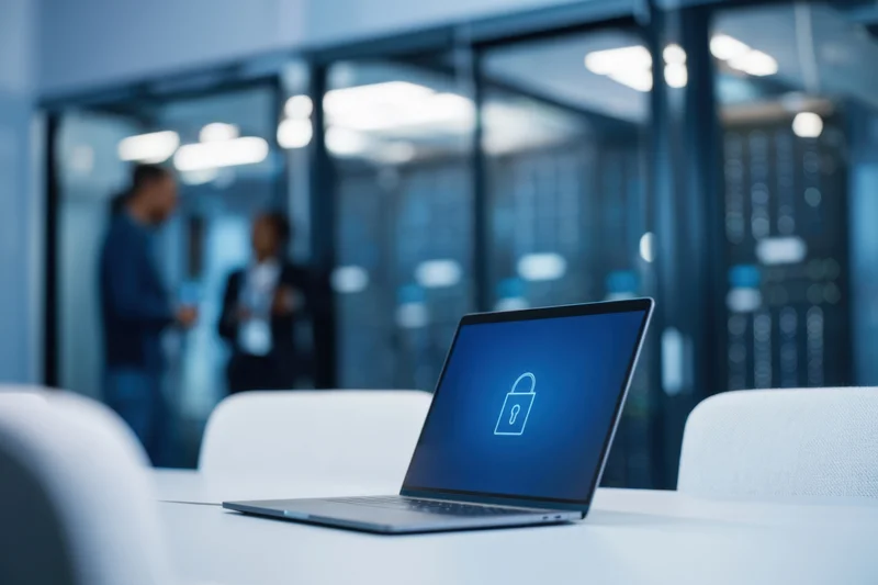 Laptop with lock icon on screen in modern office meeting room