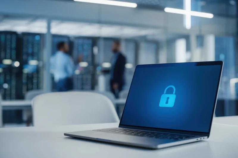Laptop displaying a lock symbol on screen in a modern office with server racks and IT staff in background