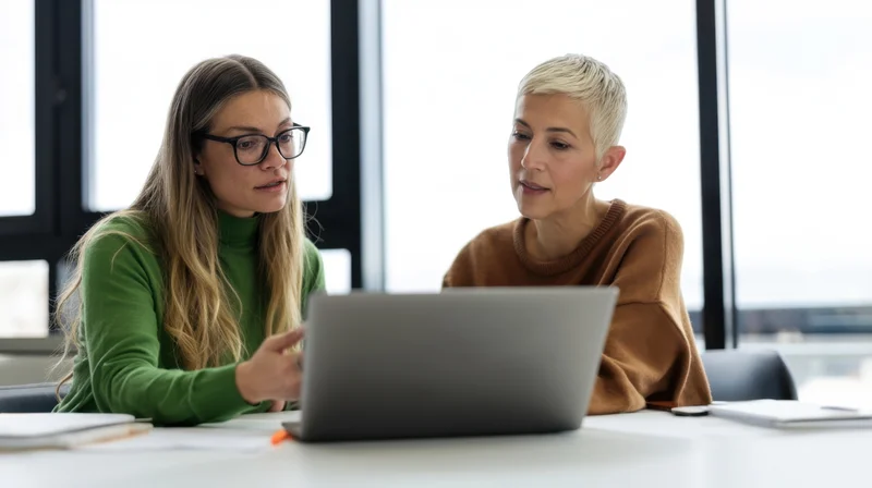 Two women discussing work on a laptop at a desk in an office