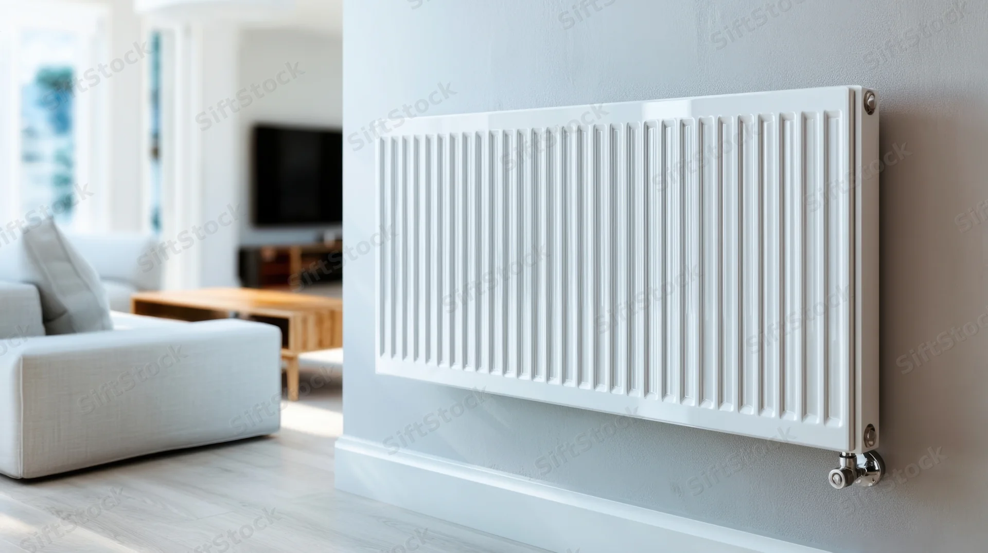White radiator mounted on a light gray wall in a modern living room with sofa and wooden coffee table visible in background