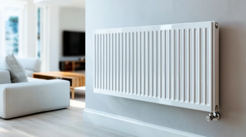 White radiator mounted on a light gray wall in a modern living room with sofa and wooden coffee table visible in background