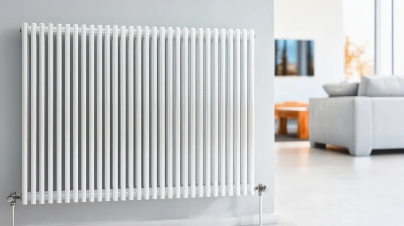 White vertical radiator mounted on a gray wall in a modern living room