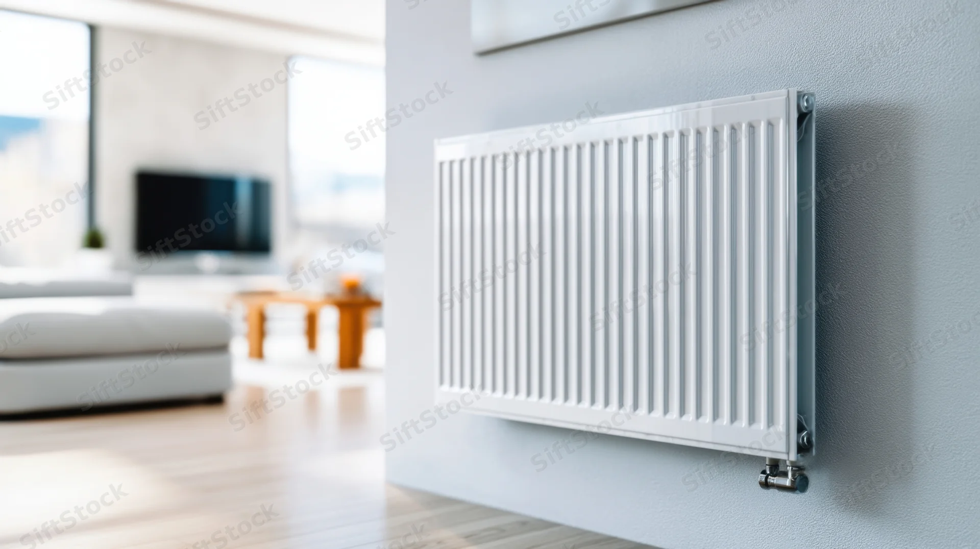 White radiator mounted on a light gray wall in a modern living room with sofa and TV in background