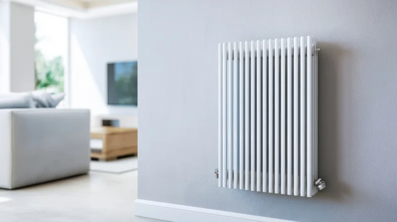 White vertical radiator mounted on a gray wall in a modern living room