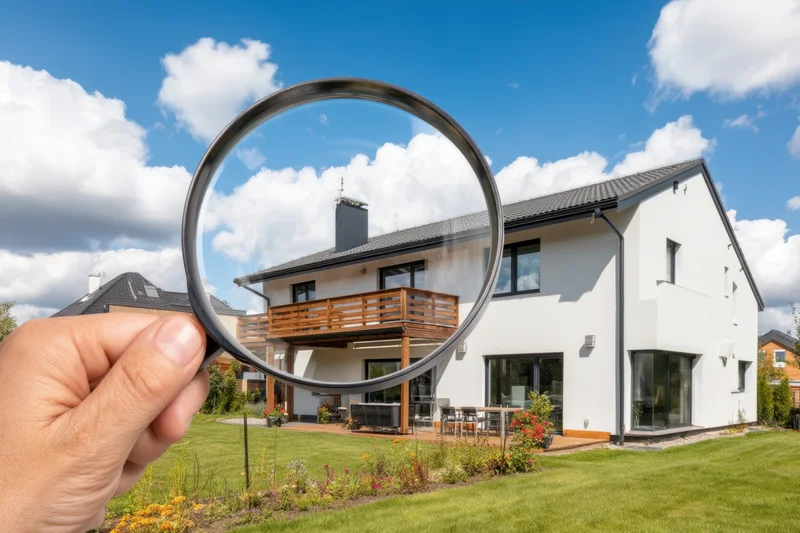 Hand holding magnifying glass over modern white house exterior with balcony and garden under blue sky