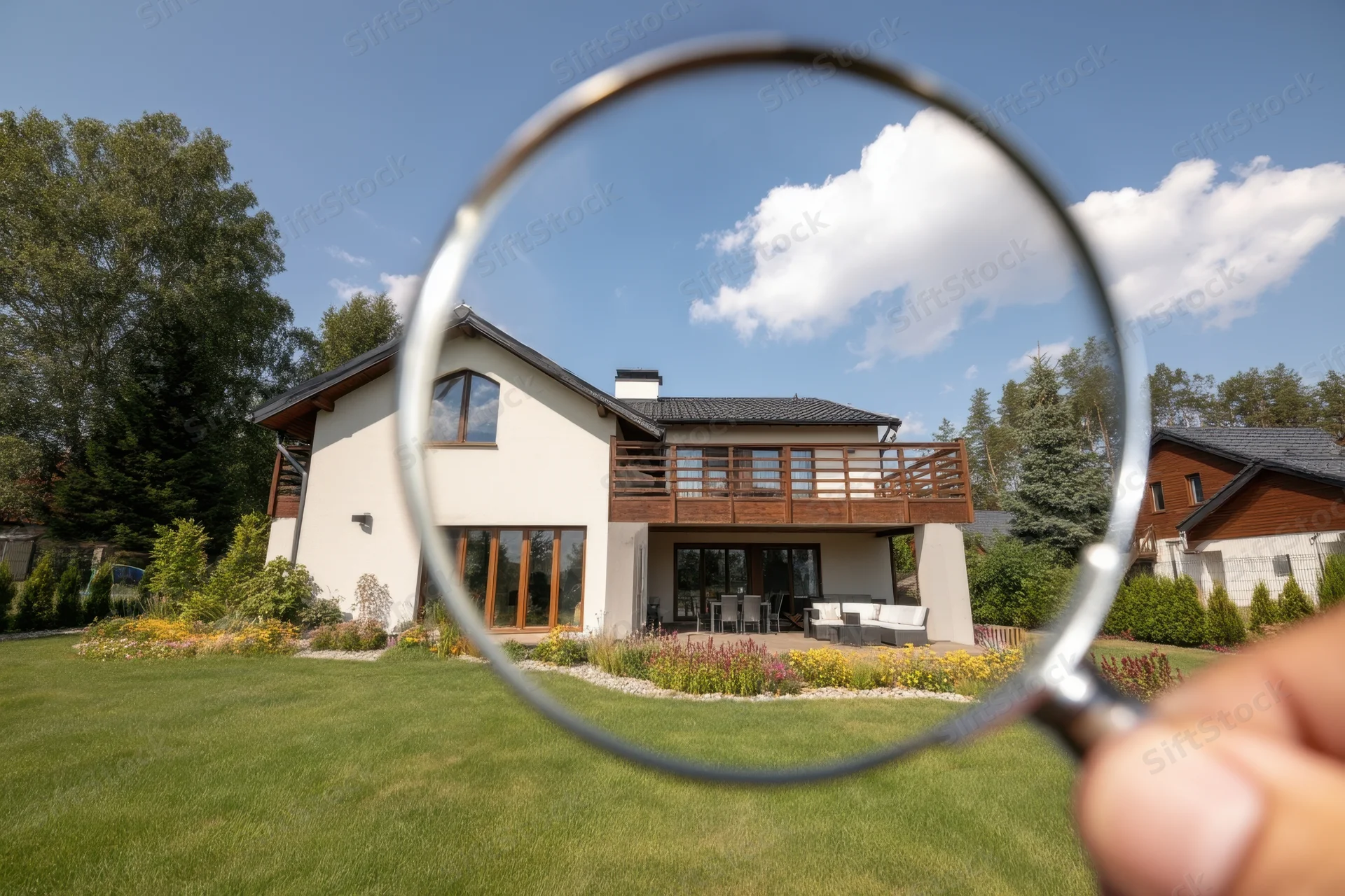 Hand holding magnifying glass over modern house exterior with garden and balcony in suburban setting