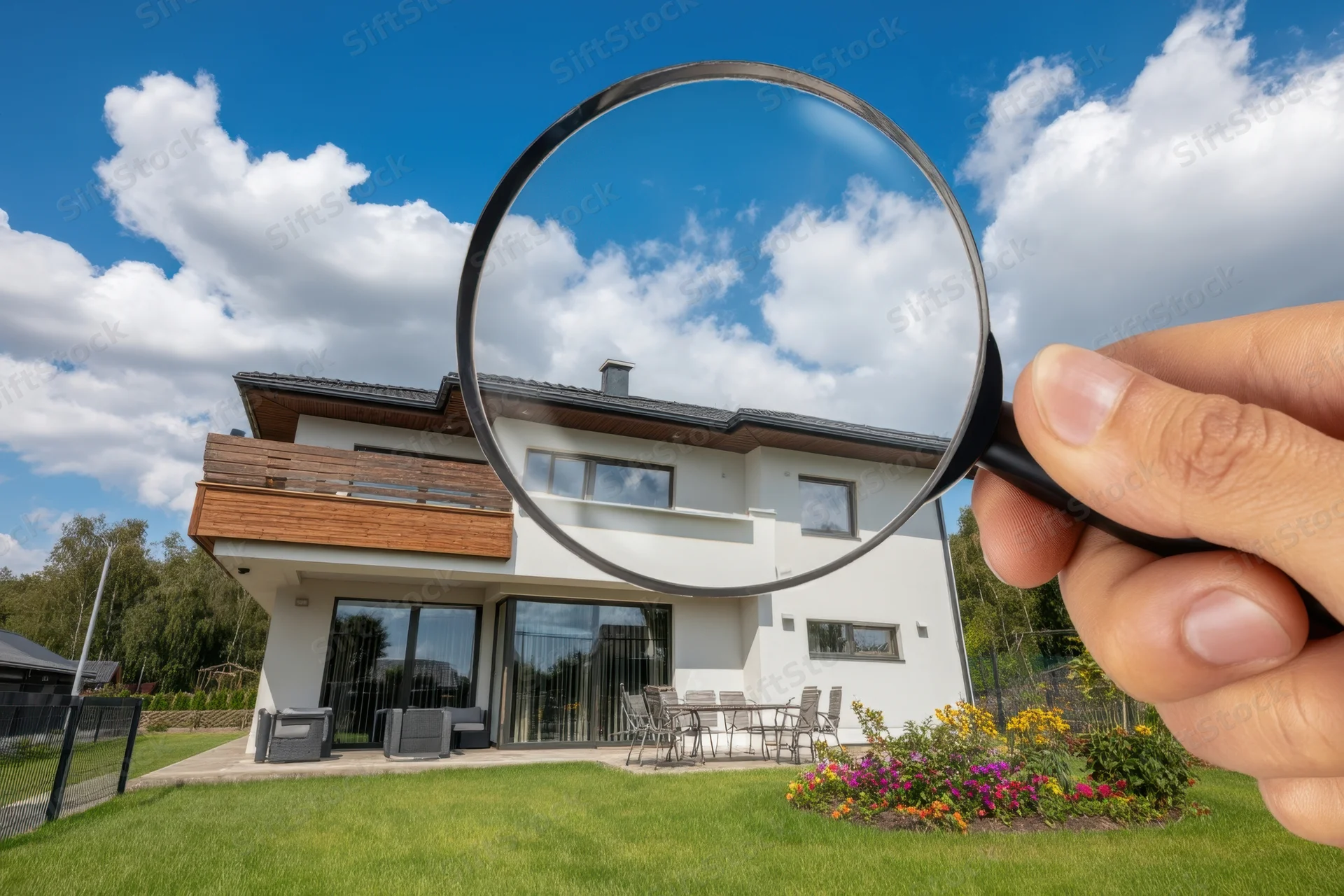 Hand holding magnifying glass over modern house exterior on sunny day