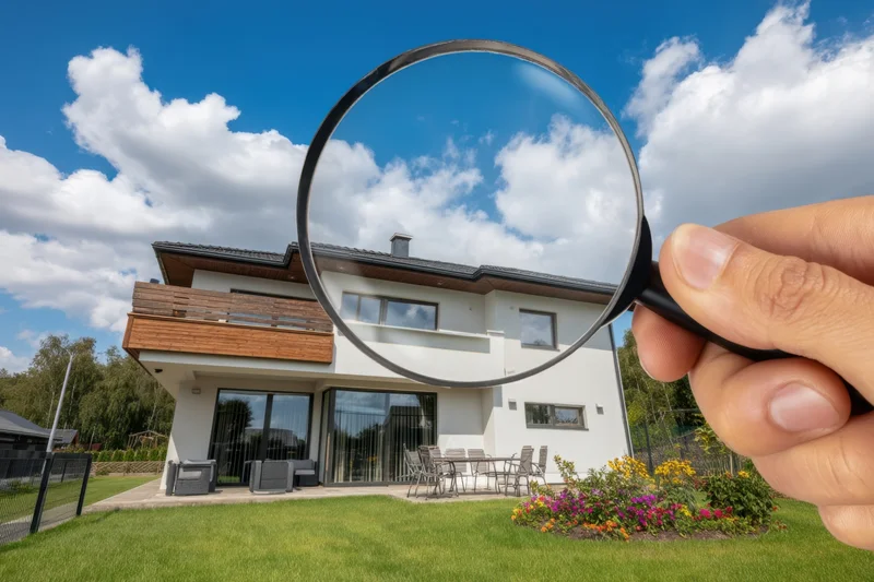 Hand holding magnifying glass over modern house exterior on sunny day