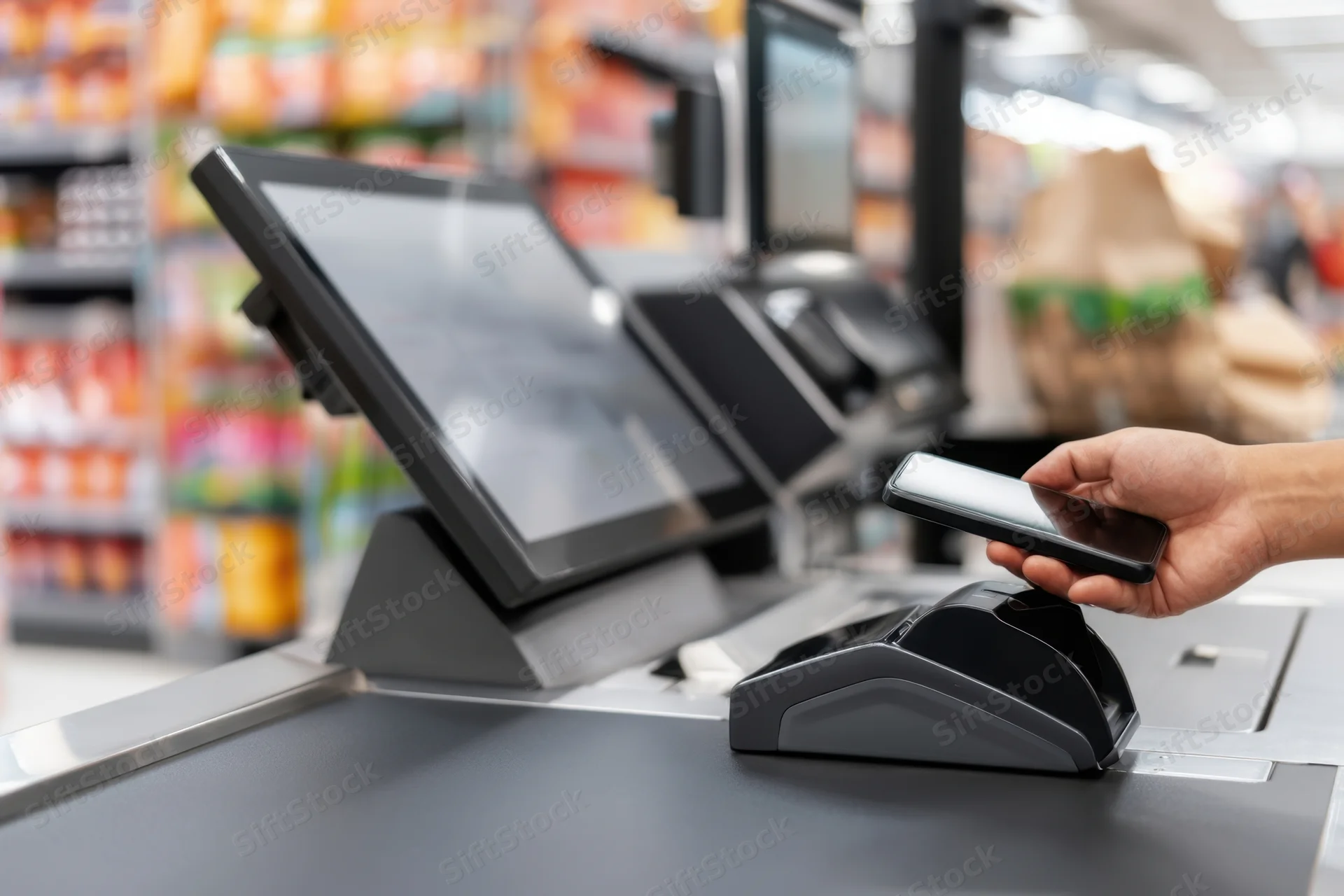 Hand holding smartphone near contactless payment terminal at self-service checkout in supermarket
