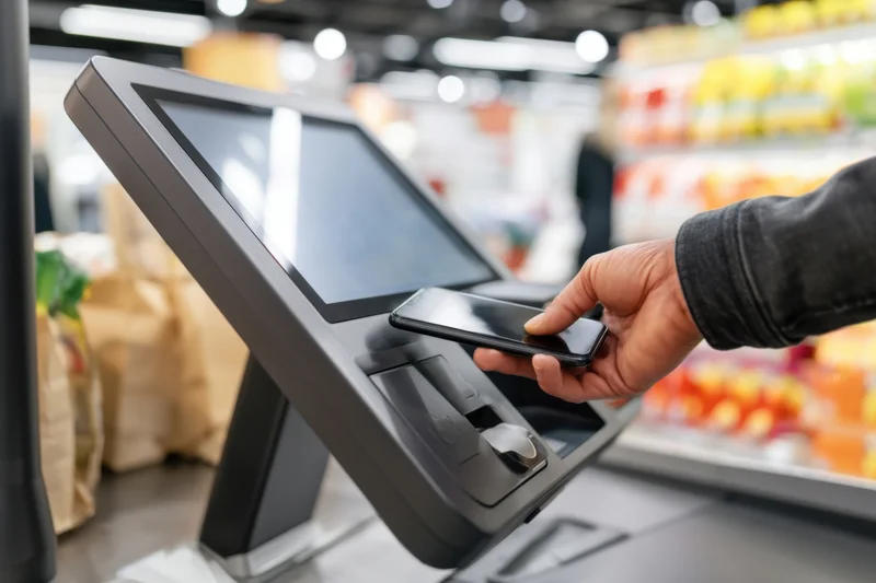 Hand holding smartphone near self-checkout touchscreen in supermarket aisle