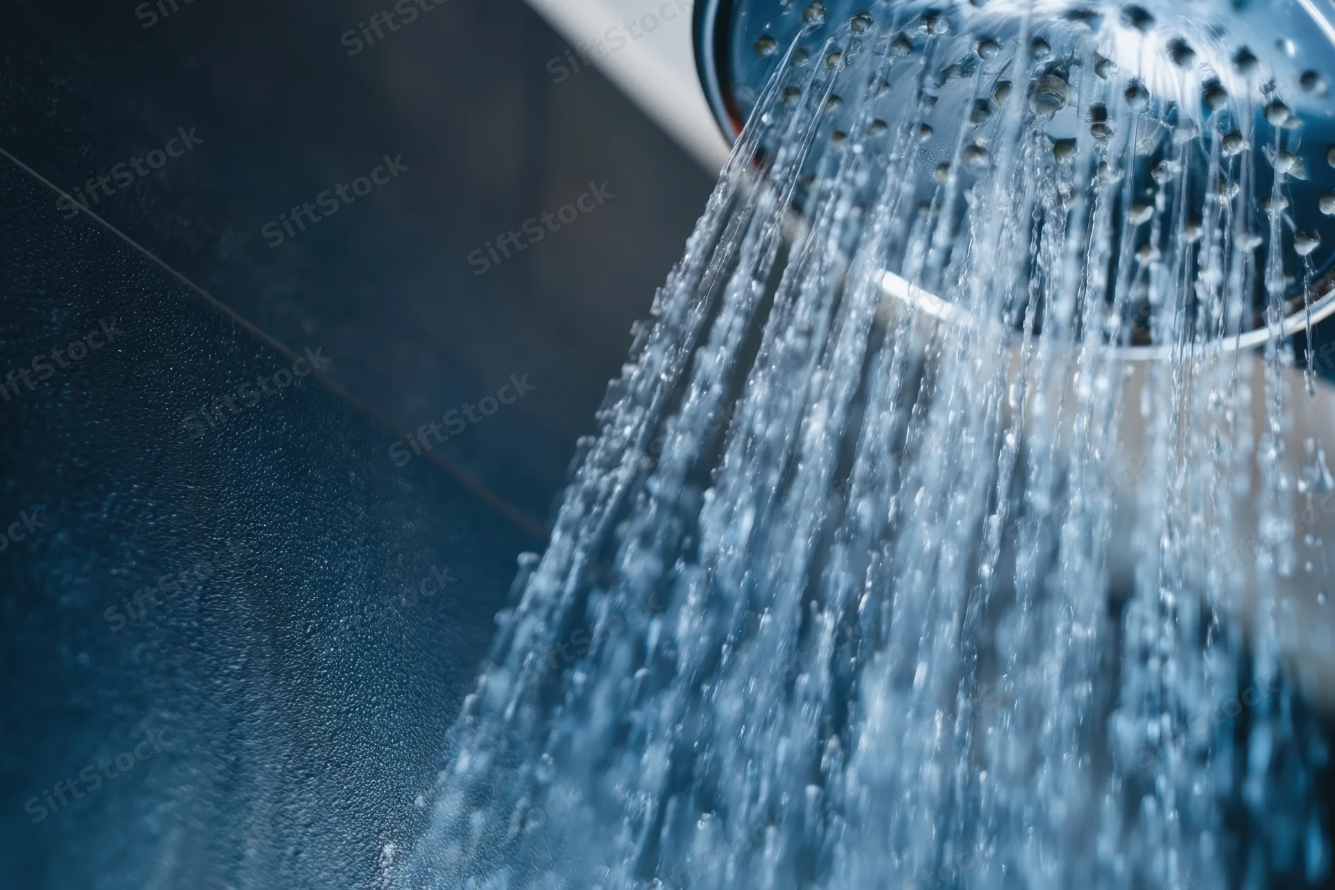 Close-up of water spraying from a modern showerhead in a tiled bathroom