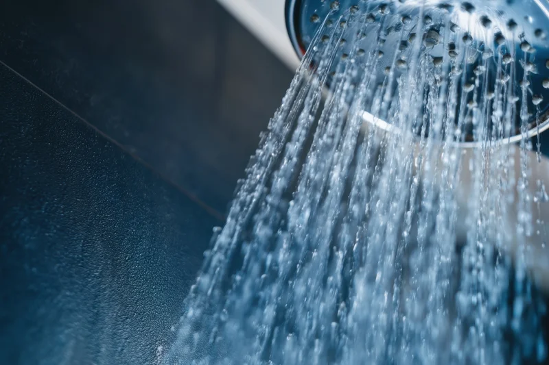 Close-up of water spraying from a modern showerhead in a tiled bathroom