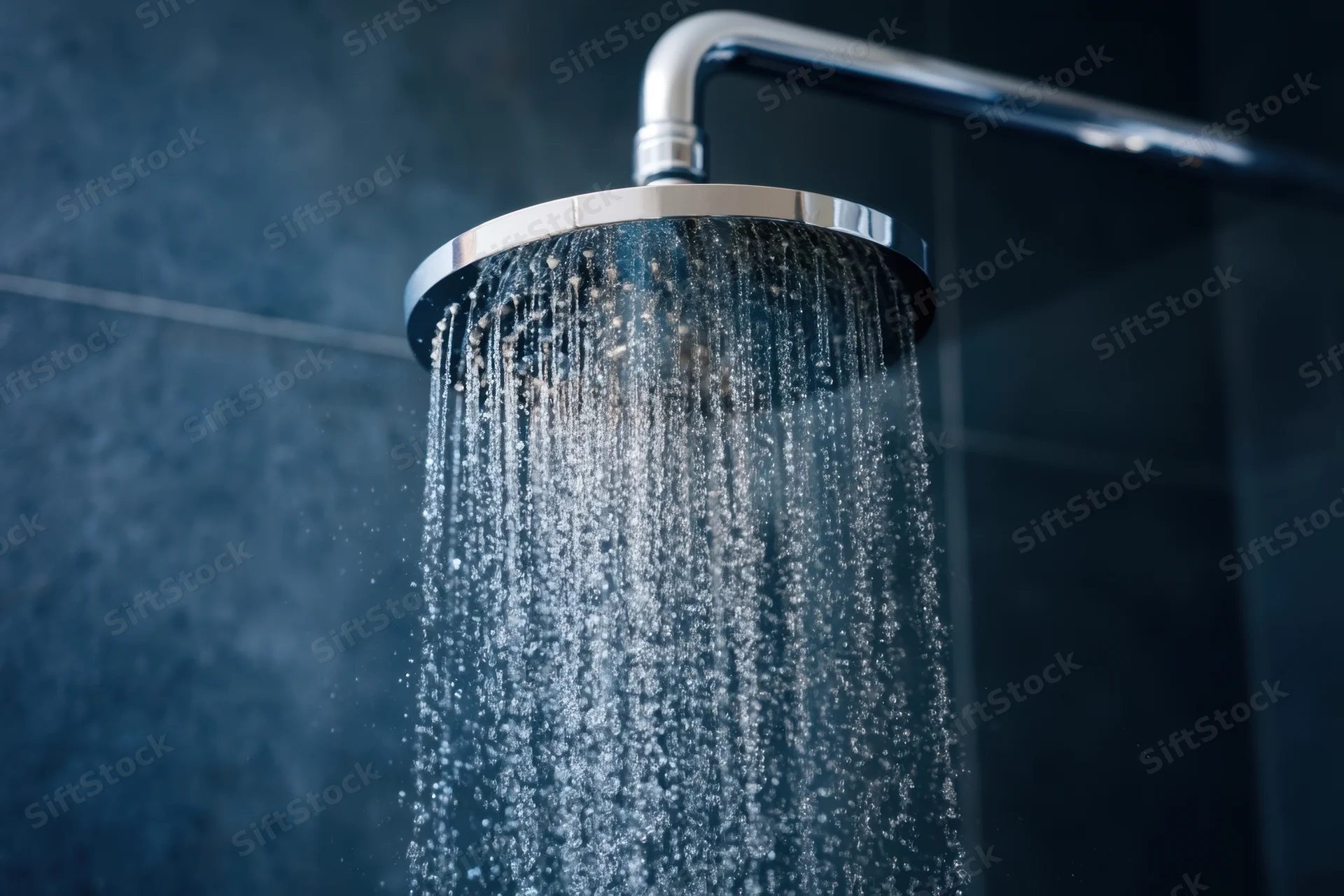 Modern chrome showerhead spraying water in a dark tiled bathroom