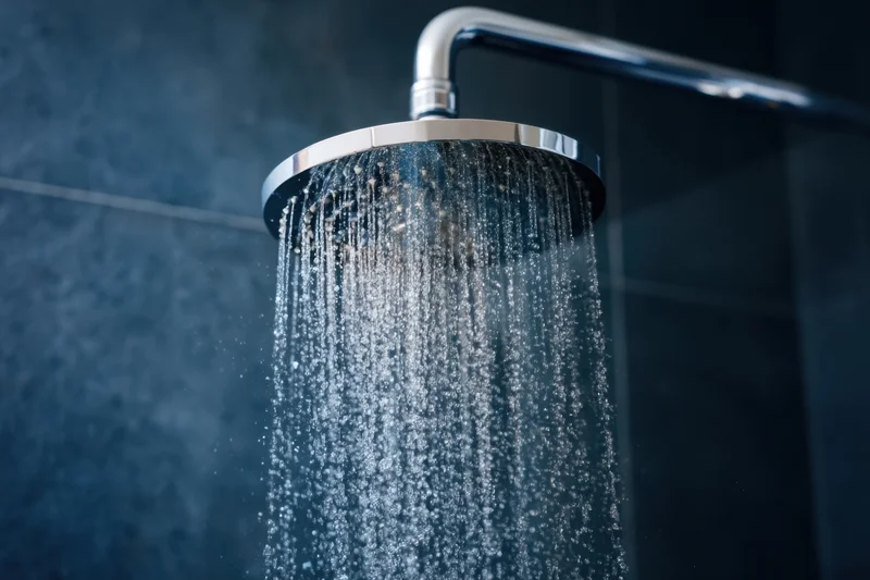 Modern chrome showerhead spraying water in a dark tiled bathroom