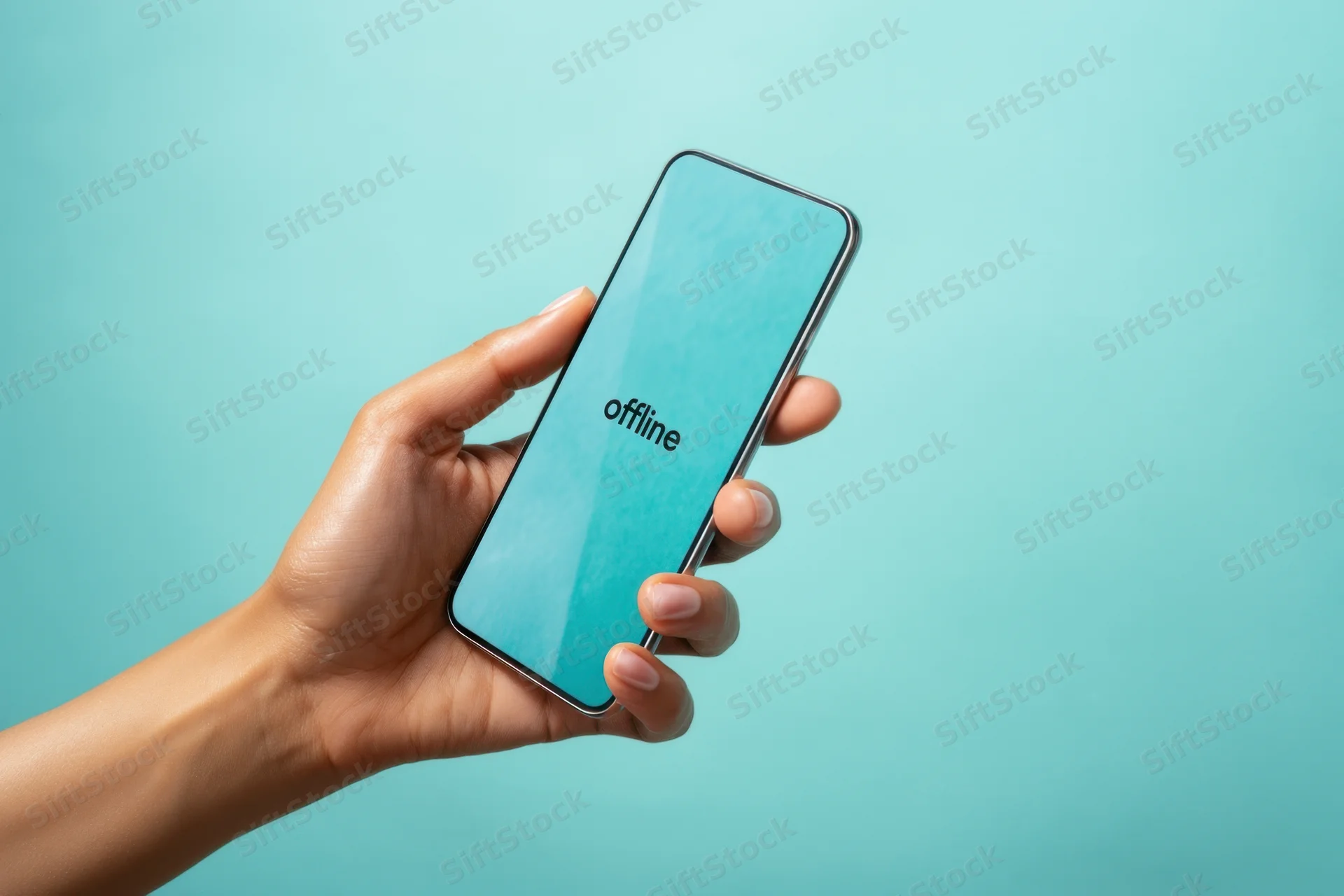 Hand holding smartphone with offline message on screen against blue background