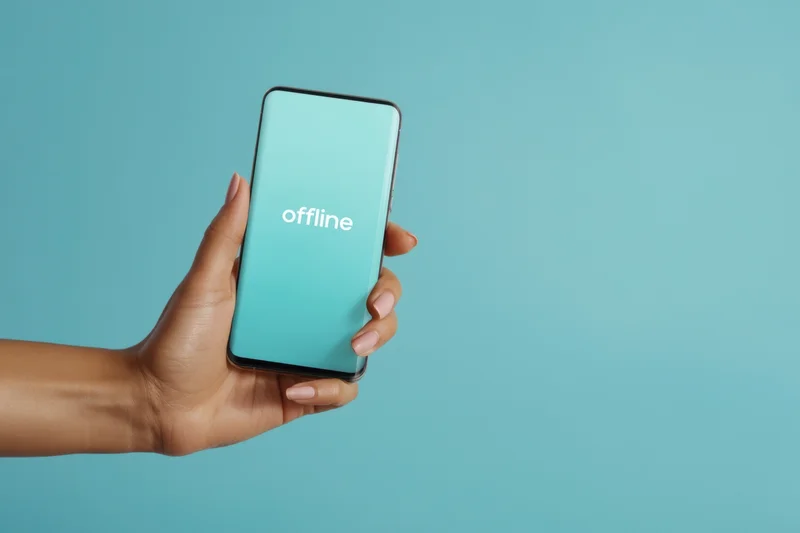 Hand holding smartphone with offline message on screen against blue background
