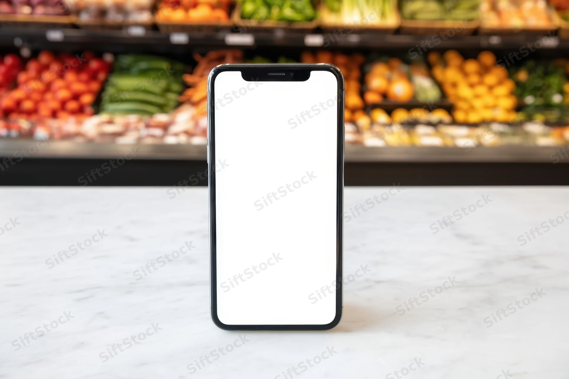 Smartphone with blank white screen on marble counter in grocery store produce section