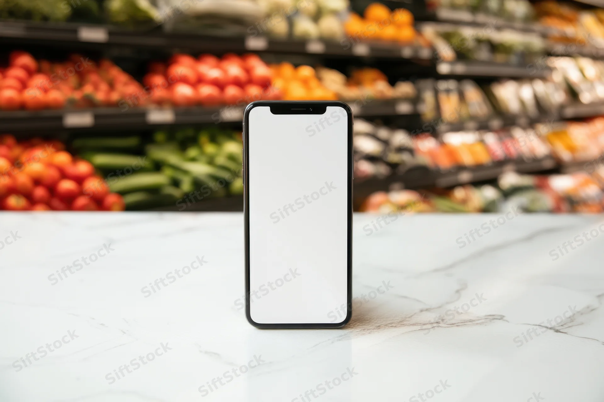 Smartphone with blank screen standing on marble countertop in grocery store produce section
