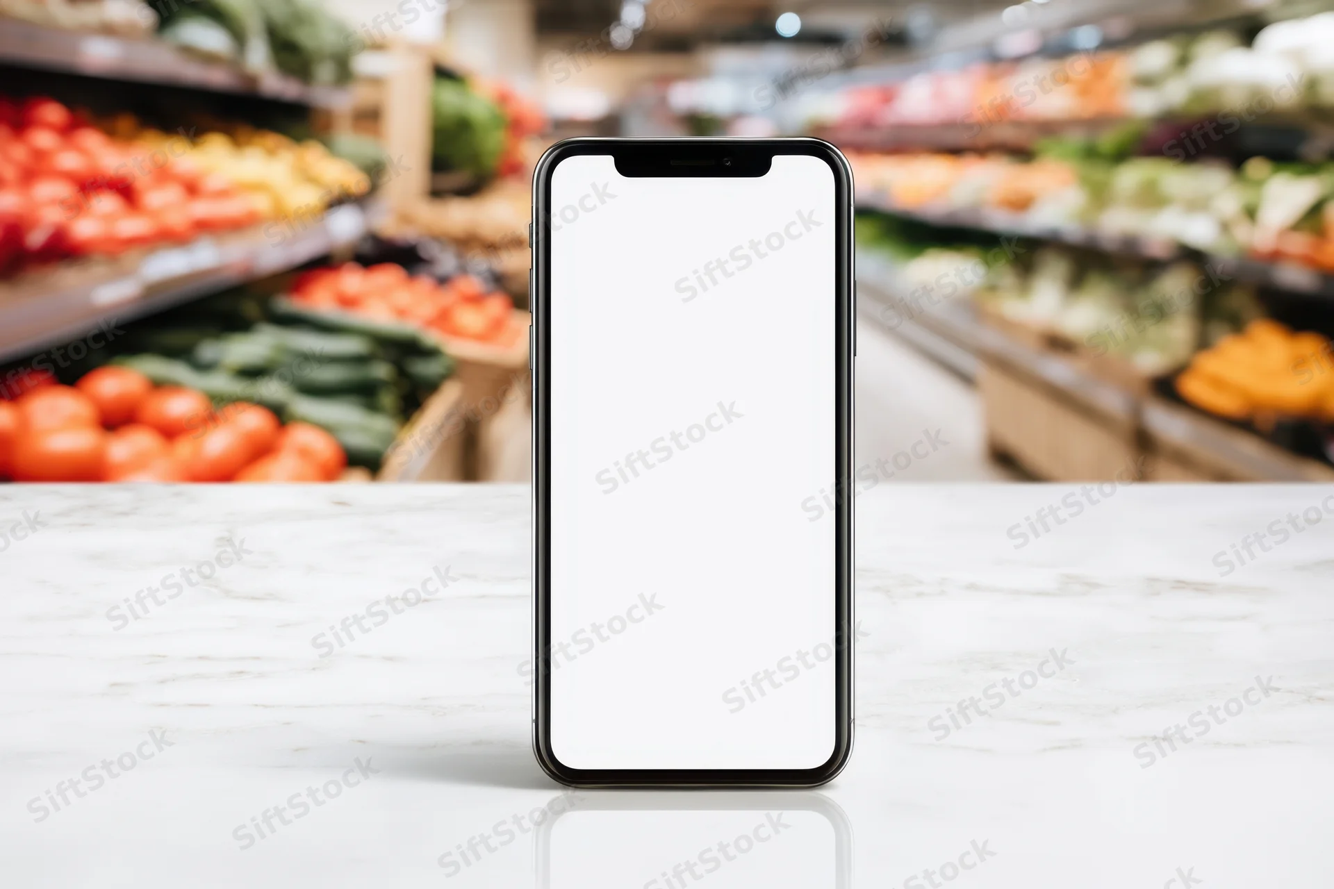 Smartphone with blank screen standing on marble counter in grocery store produce aisle