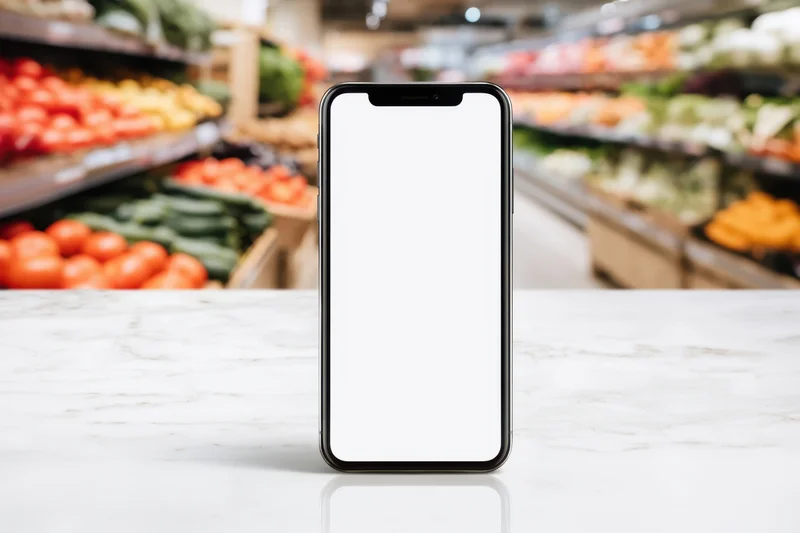 Smartphone with blank screen standing on marble counter in grocery store produce aisle