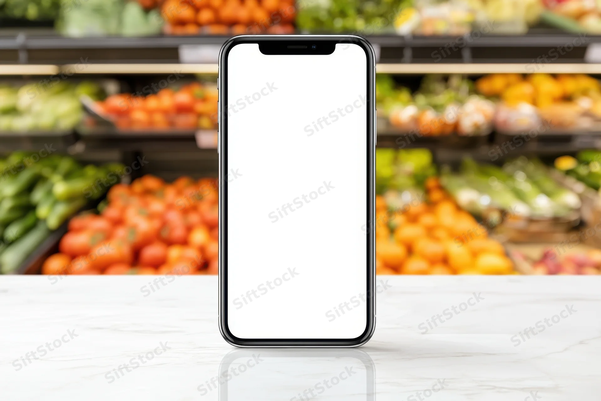 Smartphone with blank screen on marble counter in grocery store produce section