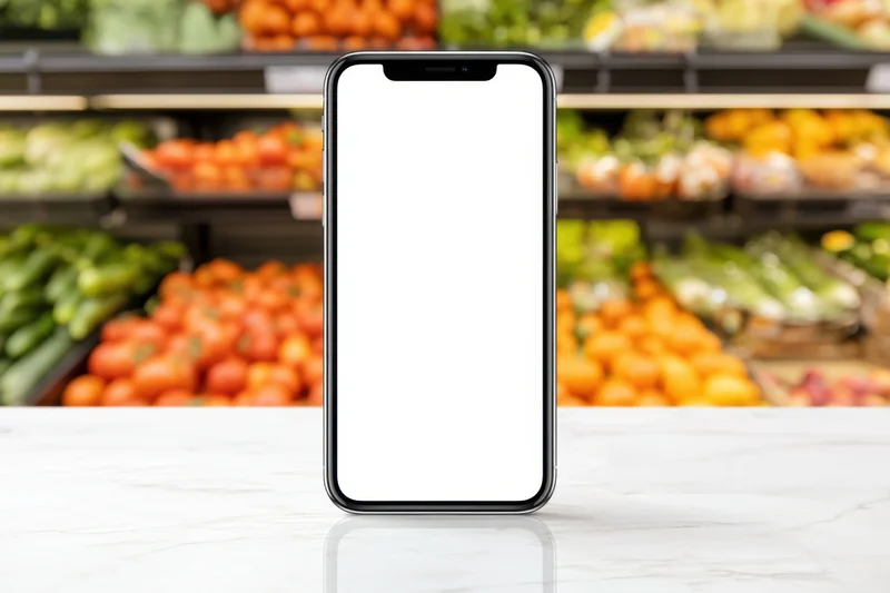 Smartphone with blank white screen on marble counter in supermarket produce aisle