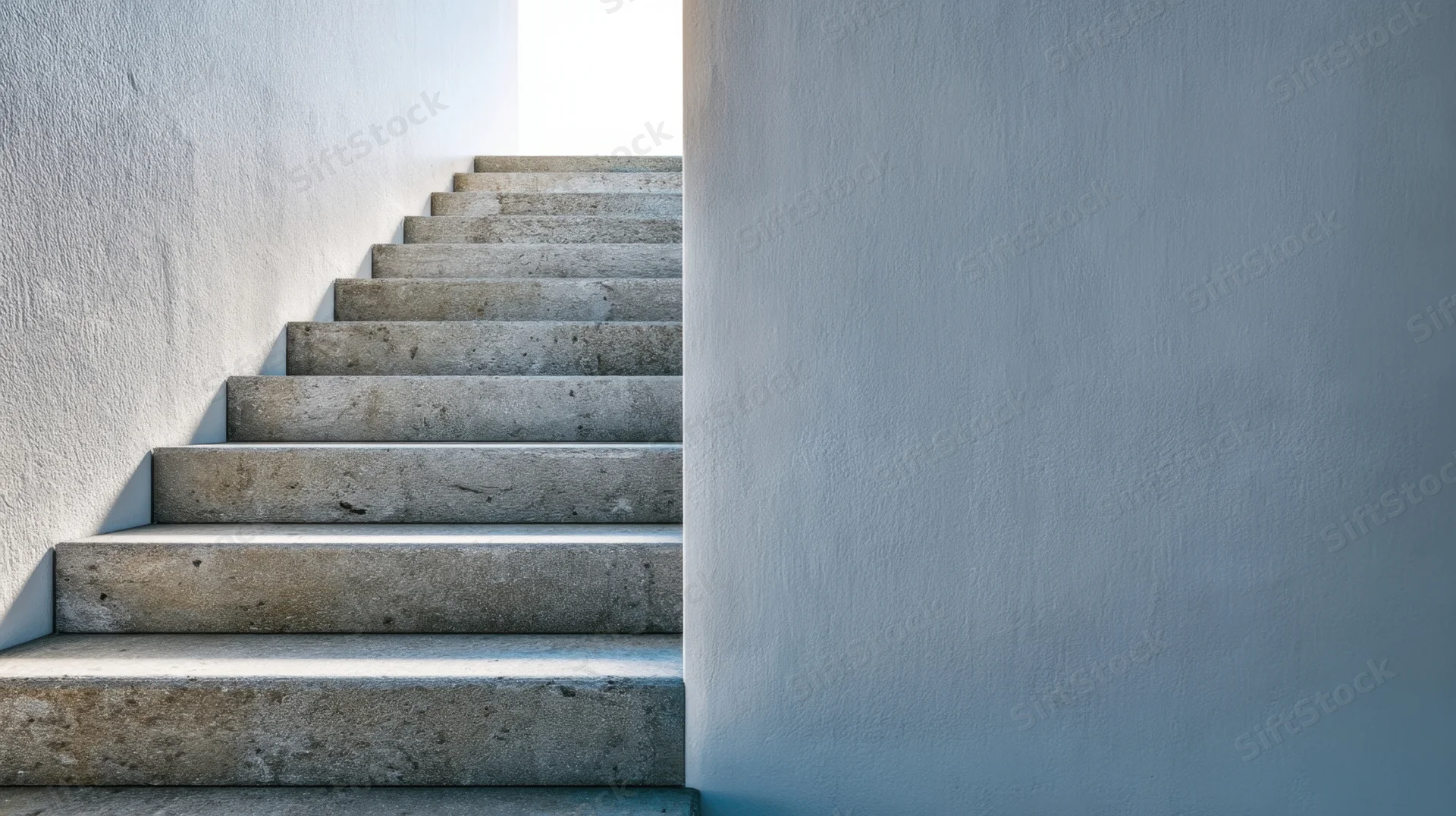 Concrete staircase ascending between white walls in a modern interior