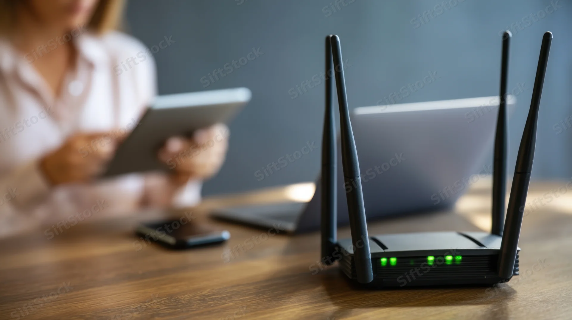 Wi-fi router on wooden desk with woman using tablet in background