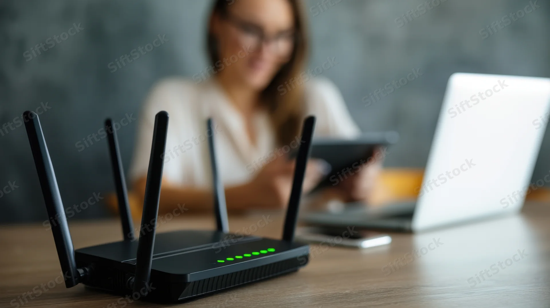 Black wi-fi router with green led lights on wooden desk in front of a woman using tablet and laptop