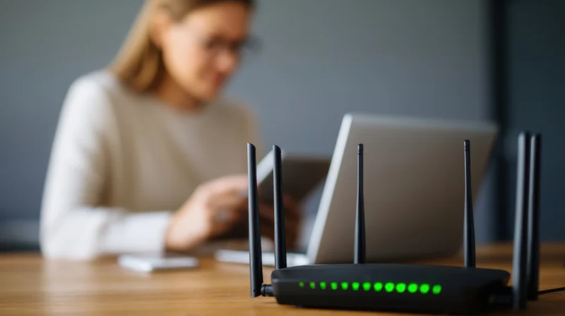 Black wi-fi router with green led lights on wooden desk in front of woman using laptop indoors