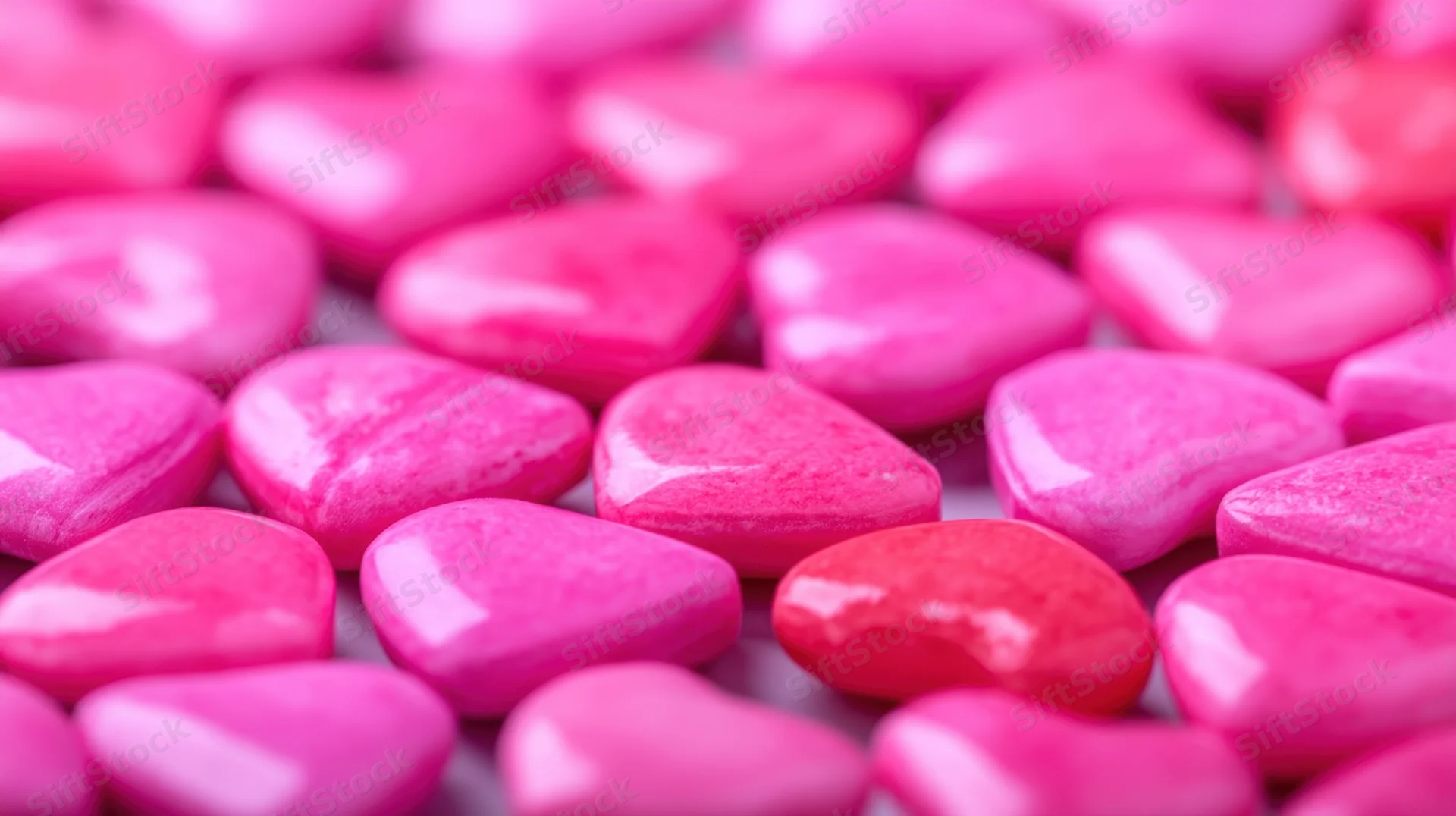 Pink heart-shaped candies scattered in close-up view